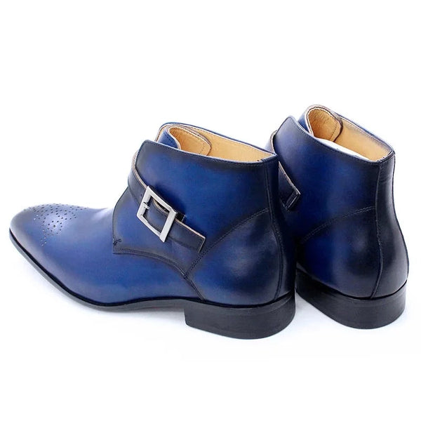 Genuine Leather Men's Ankle  Pointed Toe Black, Blue Slip On Buckle Strap Dress Boots