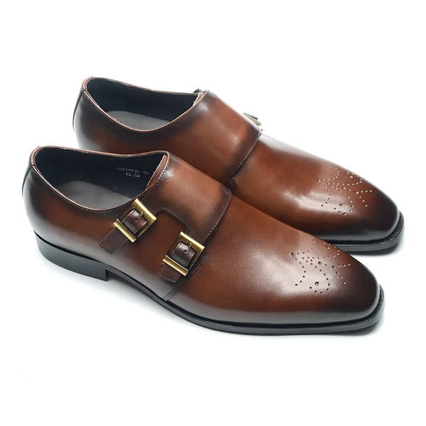 Business Italian Style Luxury Genuine Leather Monk Strap Double Buckles Dress Shoes