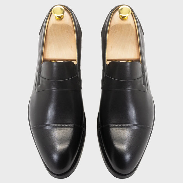 Classic Solid Cap-Toe Men's Slip-on Genuine Leather Black Loafer Dress Shoes