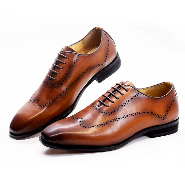 Men's Luxury Italian Oxford Genuine Leather Wing Tip Brown Lace-Up Dress Shoes