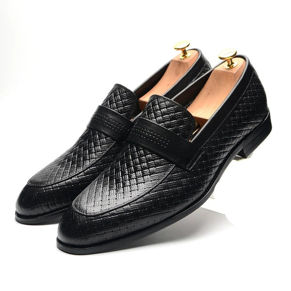 Men's European Style Slip-on Woven Pattern Black/Brown Genuine Leather Loafer Shoes