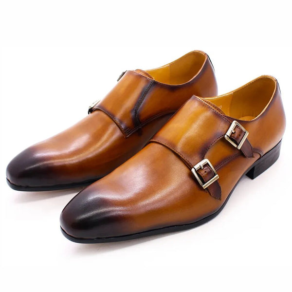 Elegant Men's Monk Strap Genuine Leather Brown, Black Double Buckle Dress Shoes