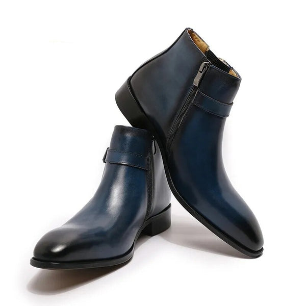 Men's  Black, Blue Zipper Buckle Strap Chelsea Ankle Genuine Leather Dress Boots