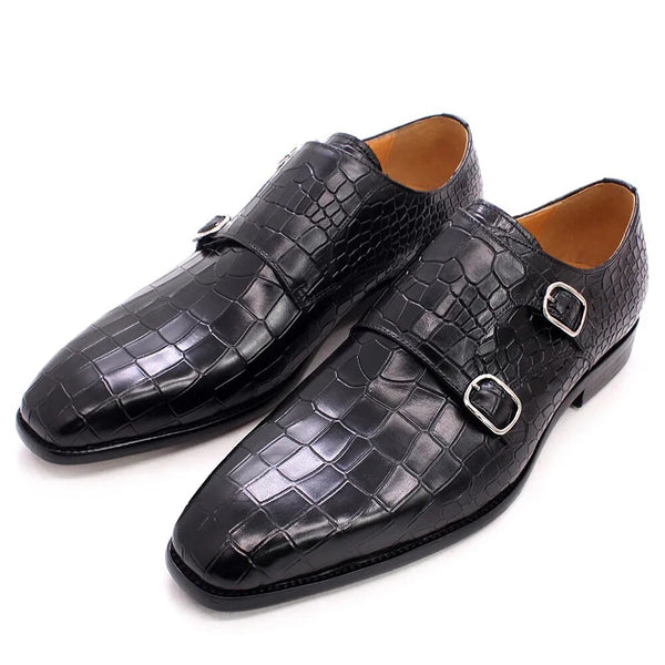 Men's Genuine Leather Crocodile Pattern Monk Strap Oxford Double Buckles Black Dress Shoes