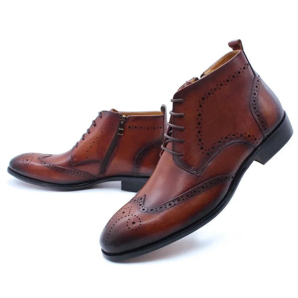 Men's Brown, Black Pointed Toe Wingtip Brogue Genuine Leather Lace-up Dress Boots