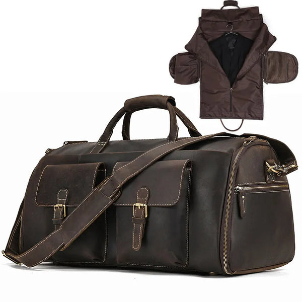 Men's Genuine Leather Coffee Duffel Travel Bag With Shoes and Suit Compartments
