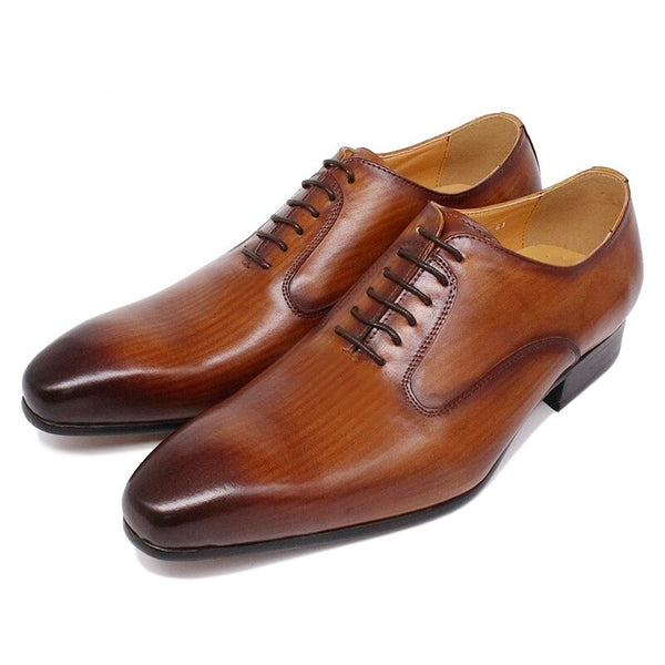 Luxury Brand Genuine Leather Men's Oxford Brown, White Lace-Up Leather Dress Shoes