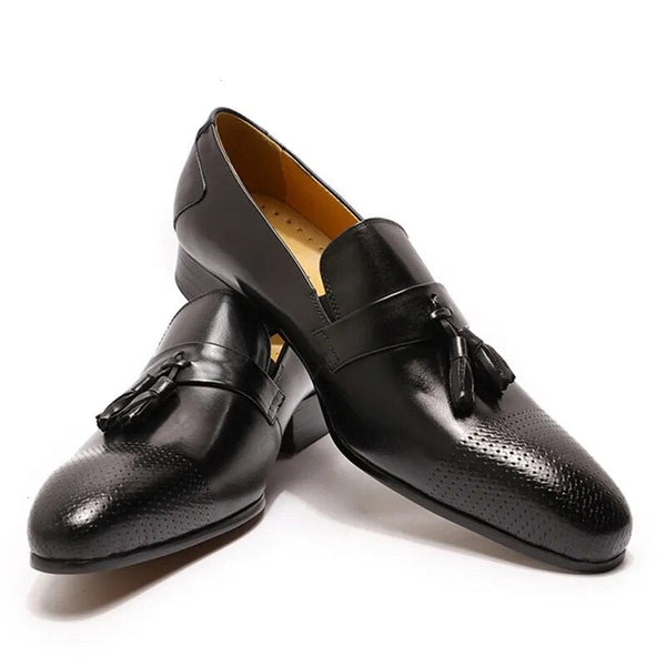 Men's Pointed-Toe Elegant Genuine Leather Black, Brown Slip-on Tassel Loafer Shoes