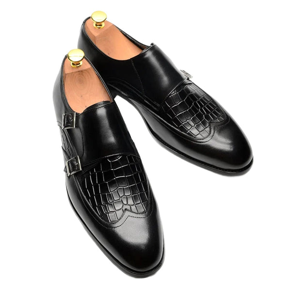 Men's Leather Classic Style Wingtip Black, Blue Double Buckle Monk Strap Dress Shoes