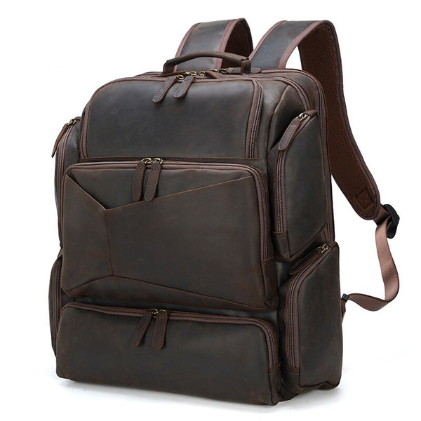 Men's High Capacity Crazy Horse Handmade Travel Vintage Style Dark-Brown 17-Inch Backpack