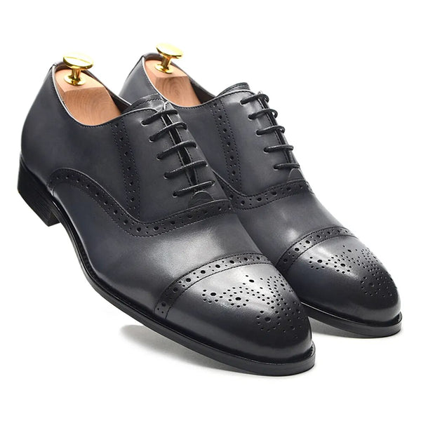 Men's Italian Oxford Genuine Leather Cap-Toe Brogue Gray, Black Lace-up Dress shoes