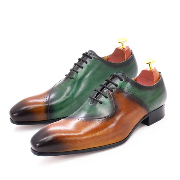 Fashion Italian Style Men's Genuine Leather Brown, Green Oxford Lace-up Dress Shoes