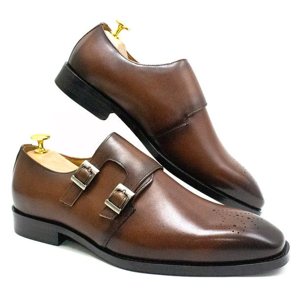 Comfortable Men's Luxury Monk Strap Genuine Leather Double Buckle Brown, Black Dress Shoes
