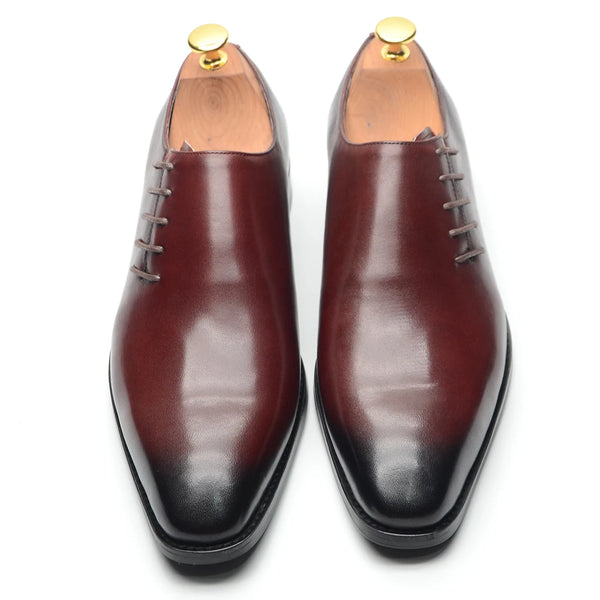 Men's Luxury Italian Crafted Oxford Whole Cut Genuine Leather Wine Red, Black Lace-up Shoes