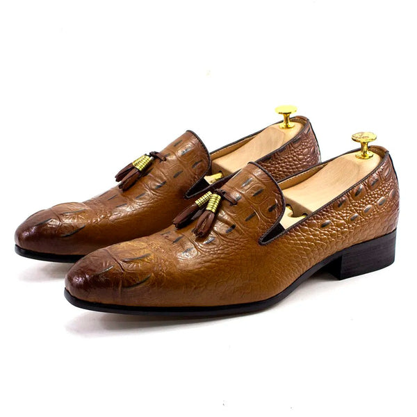 Luxury Men's Leather Crocodile Prints Business Slip-on Tassel Brown Loafer Shoes