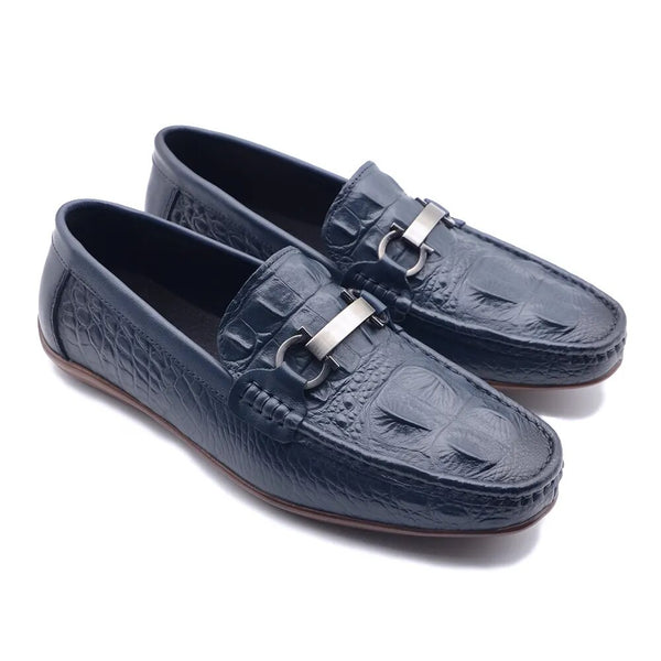 Elegant Gentleman Leather Crocodile Print Blue Soft Flat Driving Men's Loafer Shoes