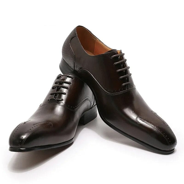 Pointed-toe Men's Genuine Leather Oxford Coffee, Black Lace-up Dress Shoes