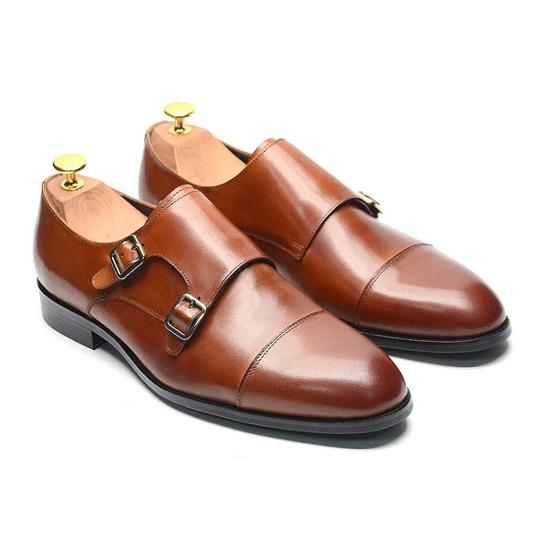 Luxury Men's Genuine Leather Pure Brown, Black Double Buckle Monk Strap Dress Shoes