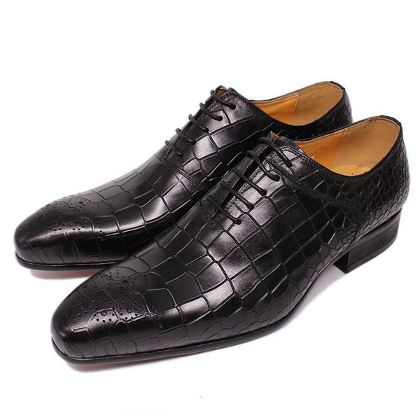 Black, Red Men's Luxury Brand Genuine Leather Crocodile Print Lace-Up Dress Shoes
