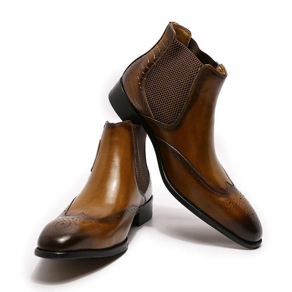 Italian Design Men's Slip-On Wingtip Genuine Leather Black, Brown Ankle Boots